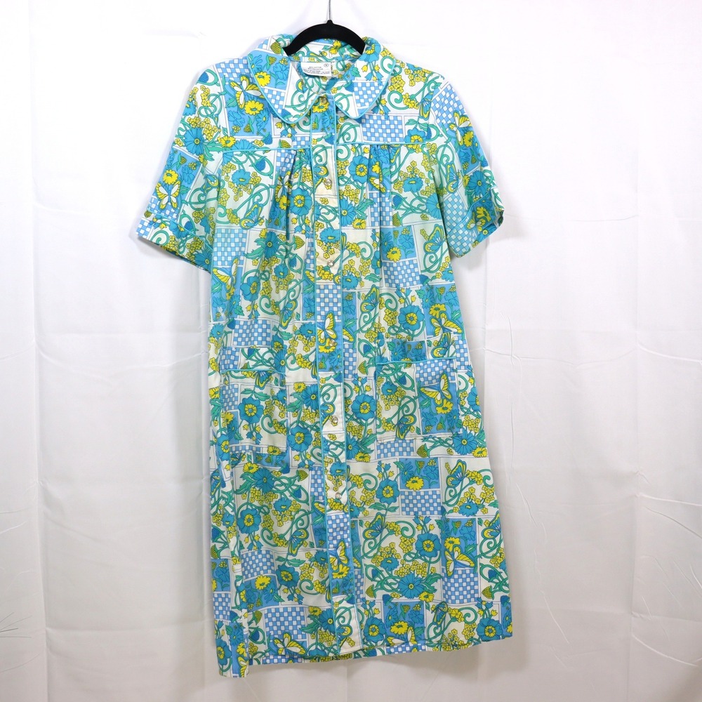 Vintage KMart House Dress Small Blue Floral Womens Retro Robe
